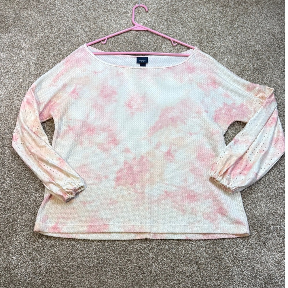 Daytrip Womens Large Pink Orange Tie Dye Waffle Knit Eyelet Sleeve Boat Neck Top